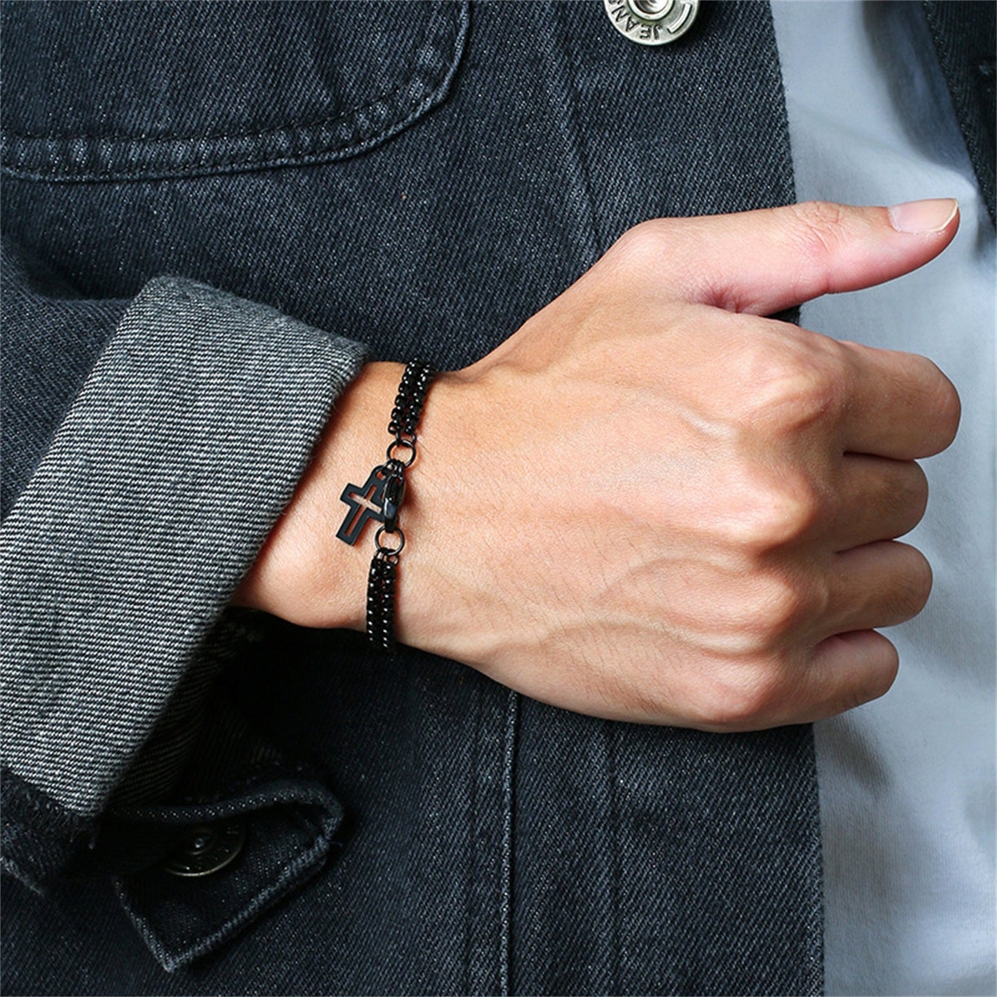 Stainless Steel Double Layer Cross Bracelet for Men/Women