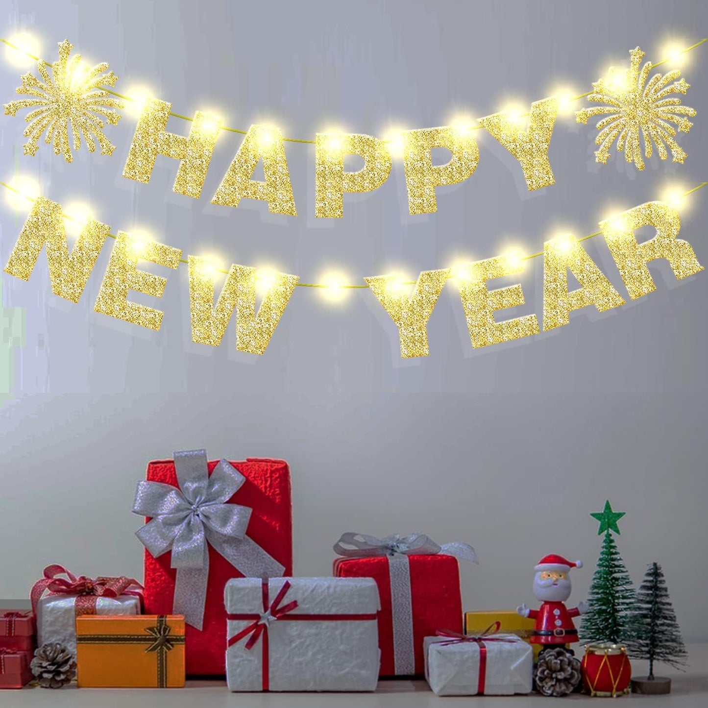 2024 Happy New Year Banner and Copper Wire Lights Gold Glitter Happy New Year Banner Lights String for New Years Eve Party Supplies 2024 Happy New Year Party Decorations NYE Decorations 2024 Home Office Decor (Gold)