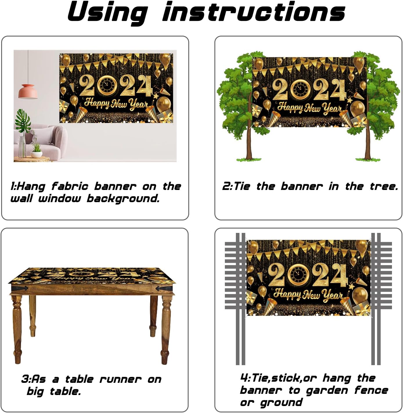 Large 71" X 43" Happy New Year Backdrop 2024, Black Gold Happy New Year Banner 2024, New Years Eve Backdrop 2024 for New Year Decorations 2024, New Years Eve Party Backdrop tineit