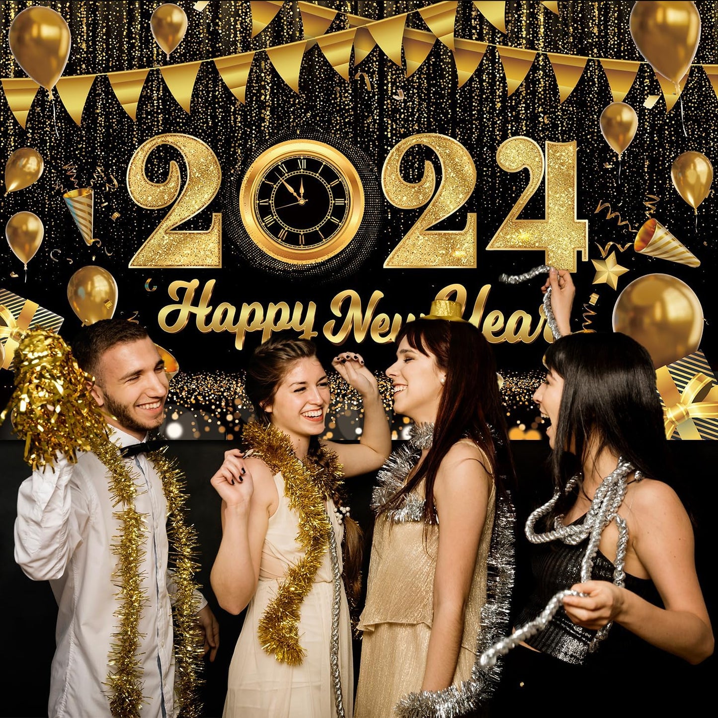 Large 71" X 43" Happy New Year Backdrop 2024, Black Gold Happy New Year Banner 2024, New Years Eve Backdrop 2024 for New Year Decorations 2024, New Years Eve Party Backdrop tineit