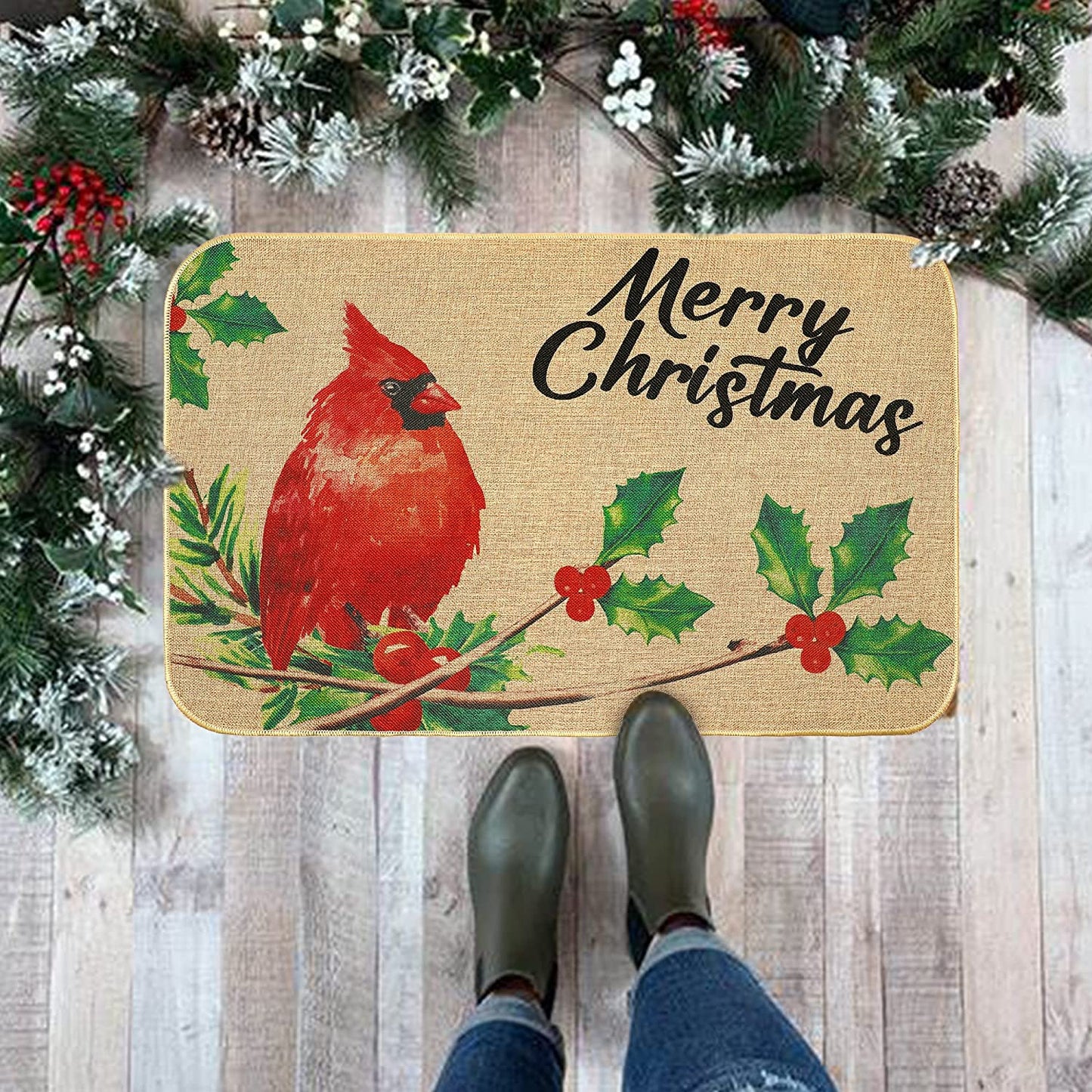 Christmas Door Mat Cardinals Mat Non-Slip and Washable