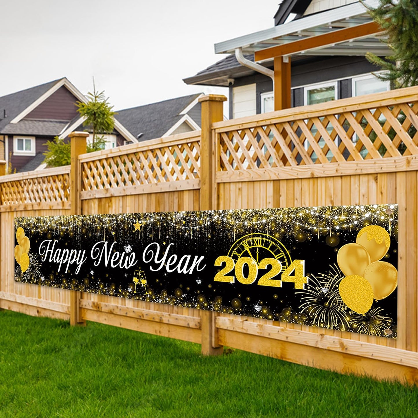 Happy New Year Banner 2024 New Year Decorations - Black and Gold Happy New Year Yard Sign Backdrop Hanging Decorations for Indoor Outdoor New Years Eve Party Supplies 2024(9.8x2ft)