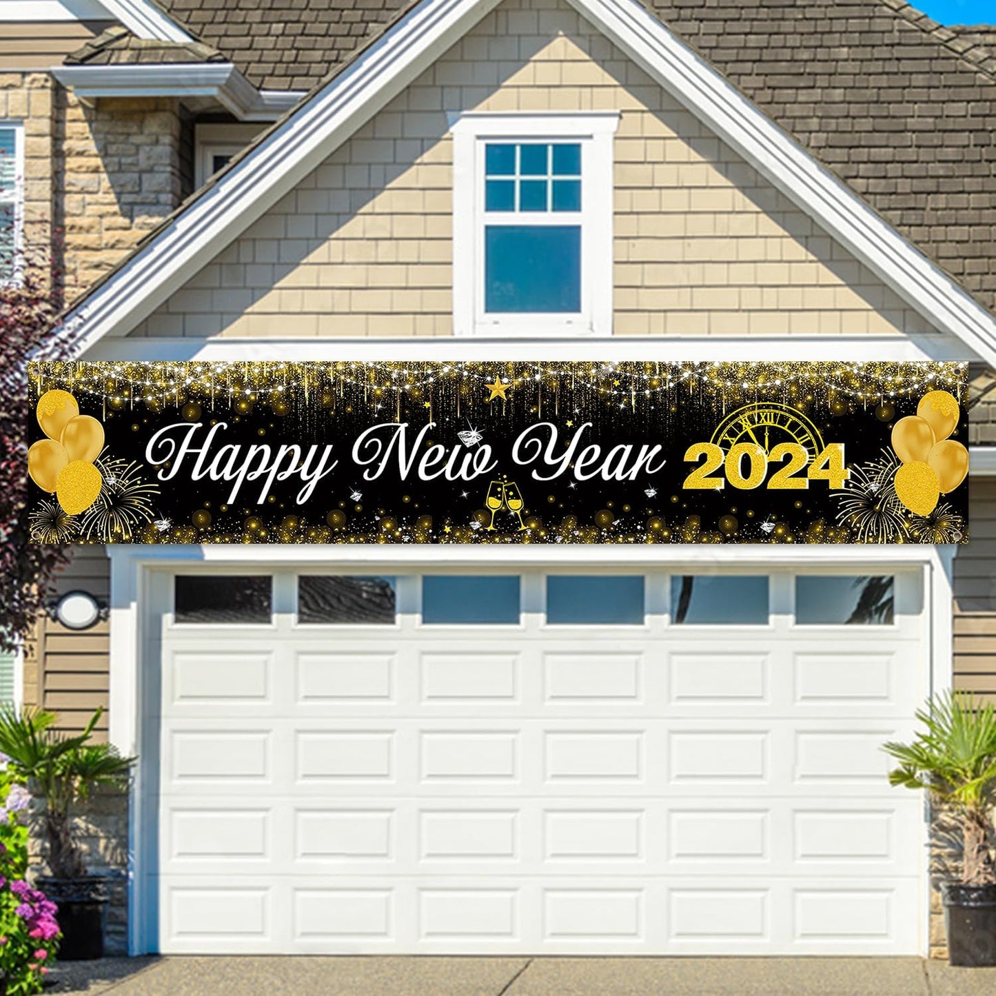 Happy New Year Banner 2024 New Year Decorations - Black and Gold Happy New Year Yard Sign Backdrop Hanging Decorations for Indoor Outdoor New Years Eve Party Supplies 2024(9.8x2ft)