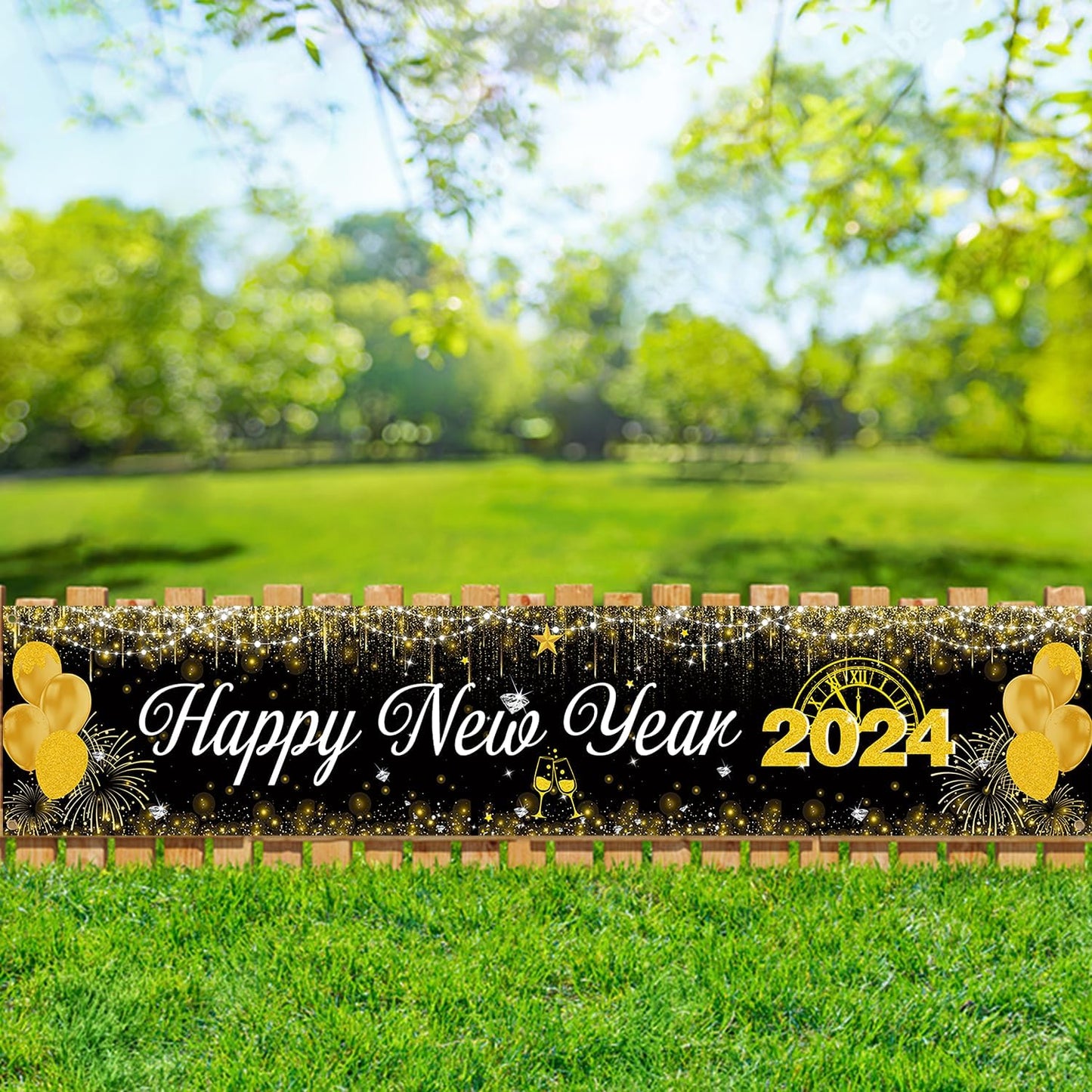 Happy New Year Banner 2024 New Year Decorations - Black and Gold Happy New Year Yard Sign Backdrop Hanging Decorations for Indoor Outdoor New Years Eve Party Supplies 2024(9.8x2ft)