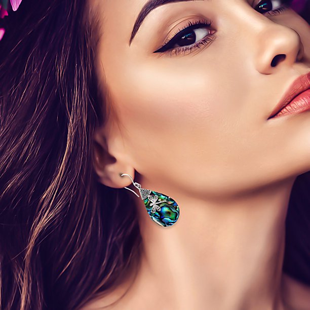 Dragonfly Dangle Drop Earrings Abalone Shell Sterling Silver for Women