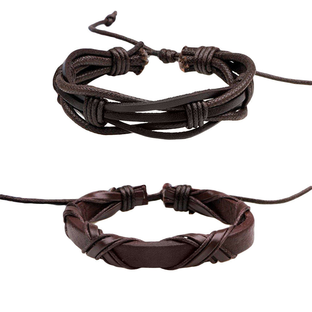 6pack Men Women Brown Braided Leather Bracelet for Cuff Wrap Wristband Set