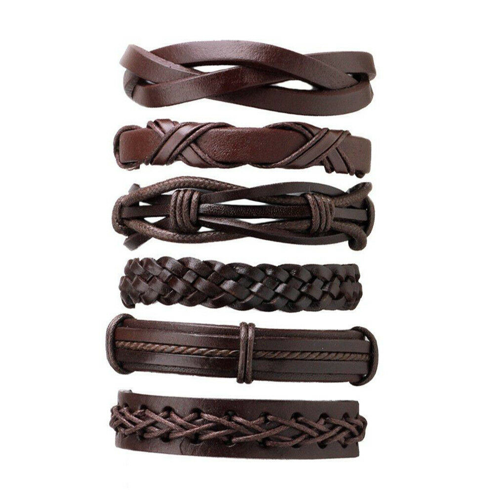 6pack Men Women Brown Braided Leather Bracelet for Cuff Wrap Wristband Set