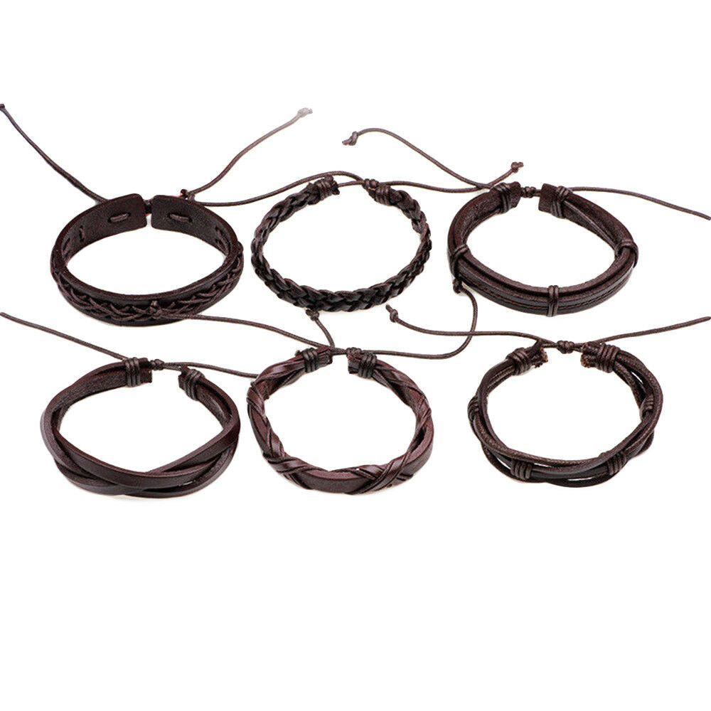 6pack Men Women Brown Braided Leather Bracelet for Cuff Wrap Wristband Set