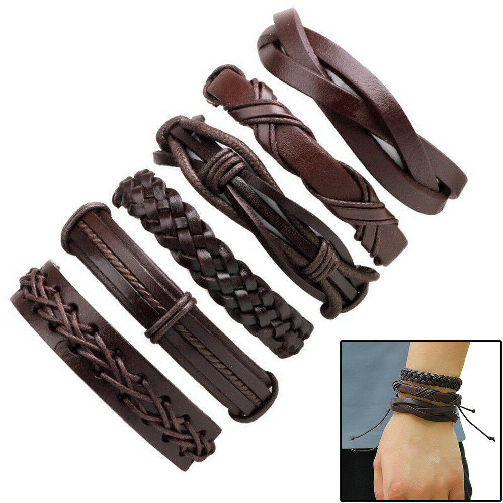 6pack Men Women Brown Braided Leather Bracelet for Cuff Wrap Wristband Set