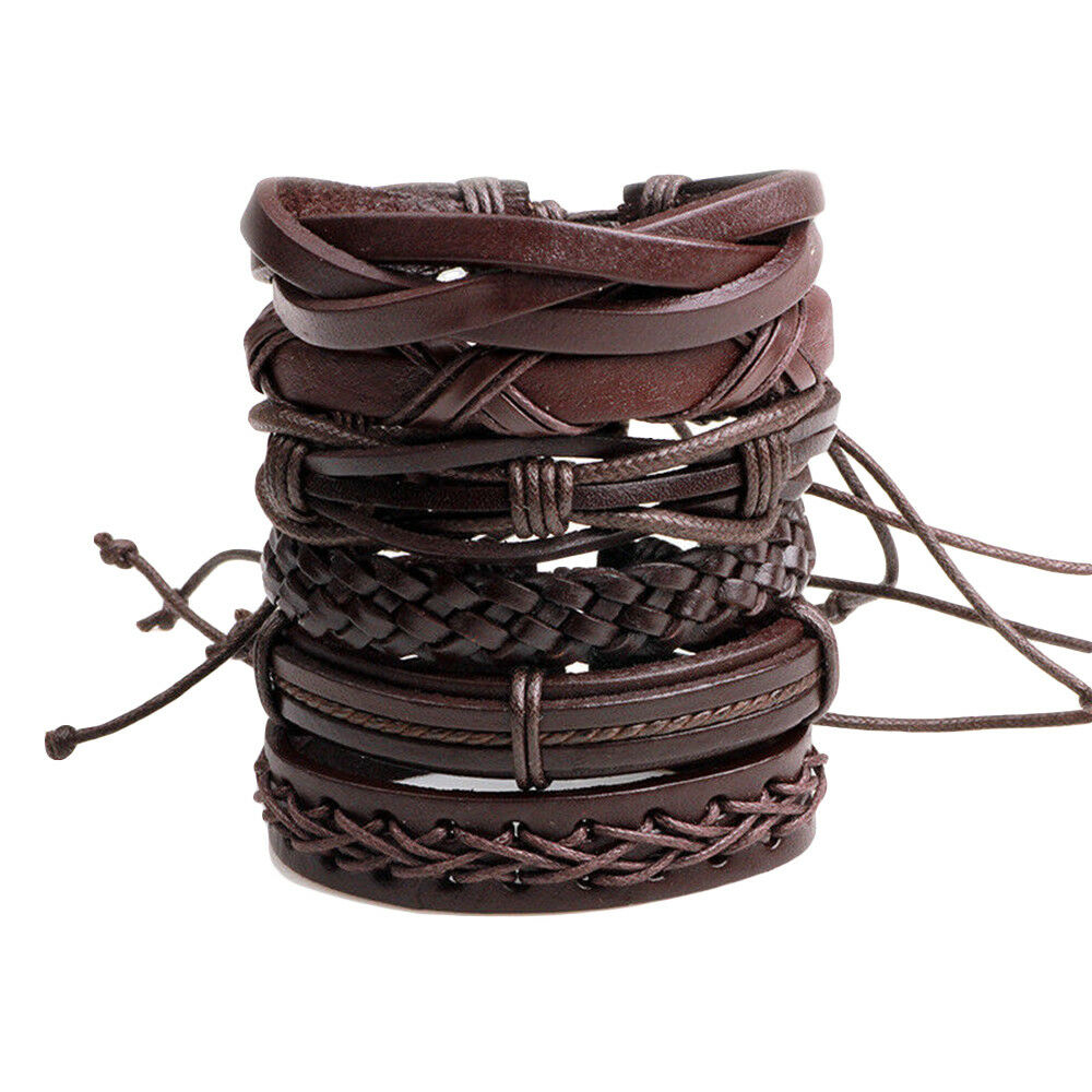 6pack Men Women Brown Braided Leather Bracelet for Cuff Wrap Wristband Set