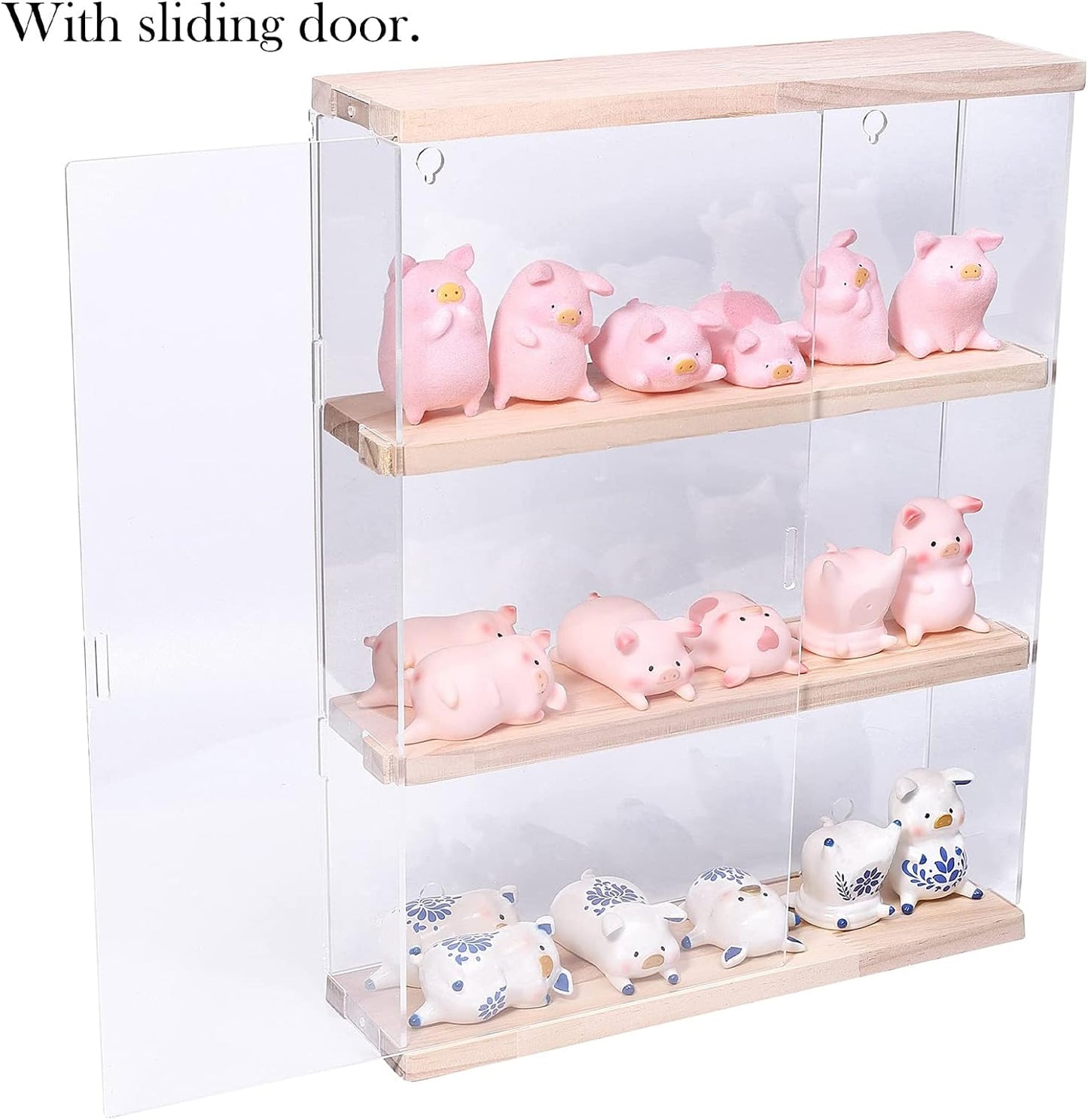 3-Layer Clear Acrylic Display Case with Door,Wall-Mounted Display Shelf for Funko Pop,Countertop Display Case for Collectible Action Figure,Dustproof Storage Organizer 11.6x3.3x14.9 inch Oak