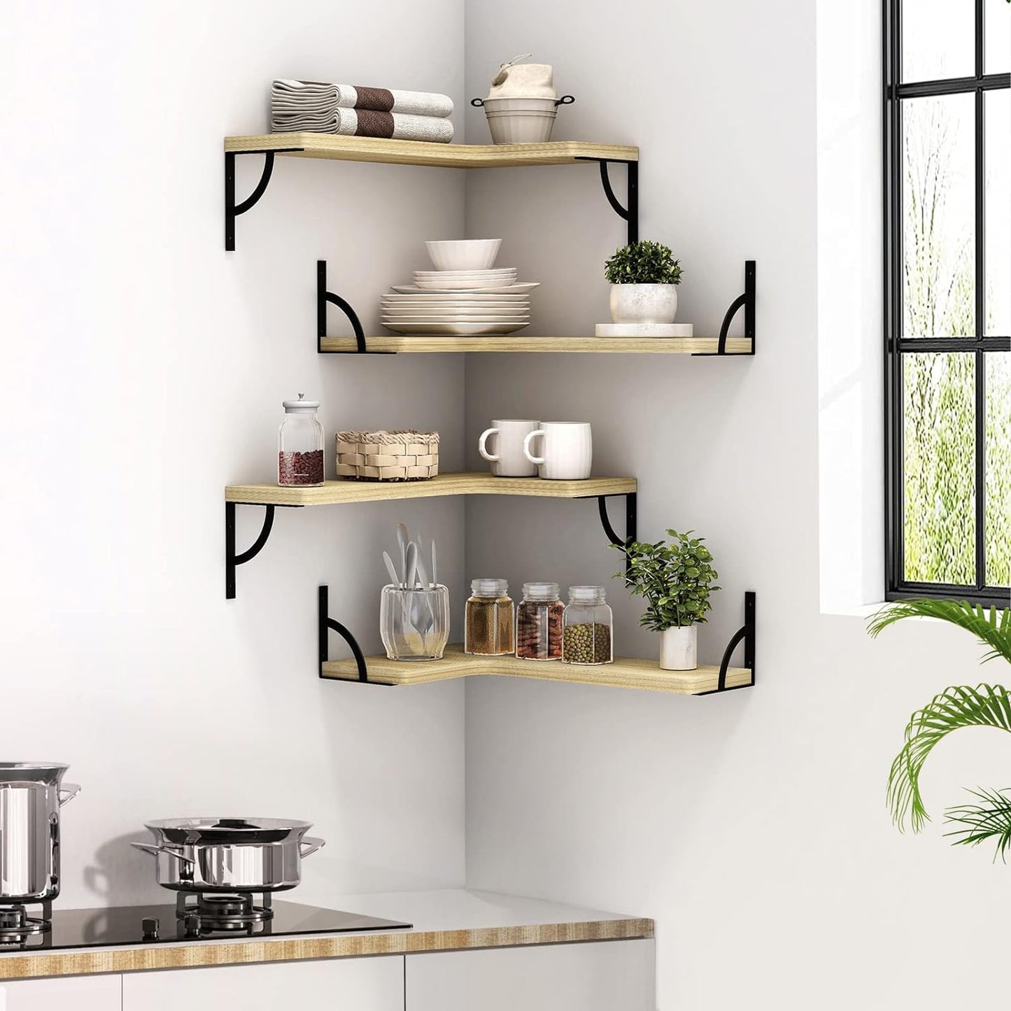Corner Floating Shelves Wall Mounted Set of 4, Wood Display Storage Wall Shelves for Living Room, Bedroom, Office, Bathroom Kitchen & Decoration
