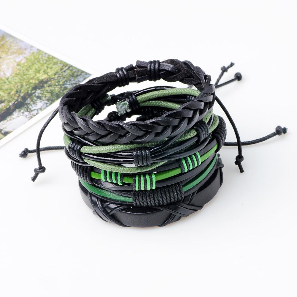 Unisex Green & Black Braided Leather Wristband Bracelet For Men or Women, 5pcs Set