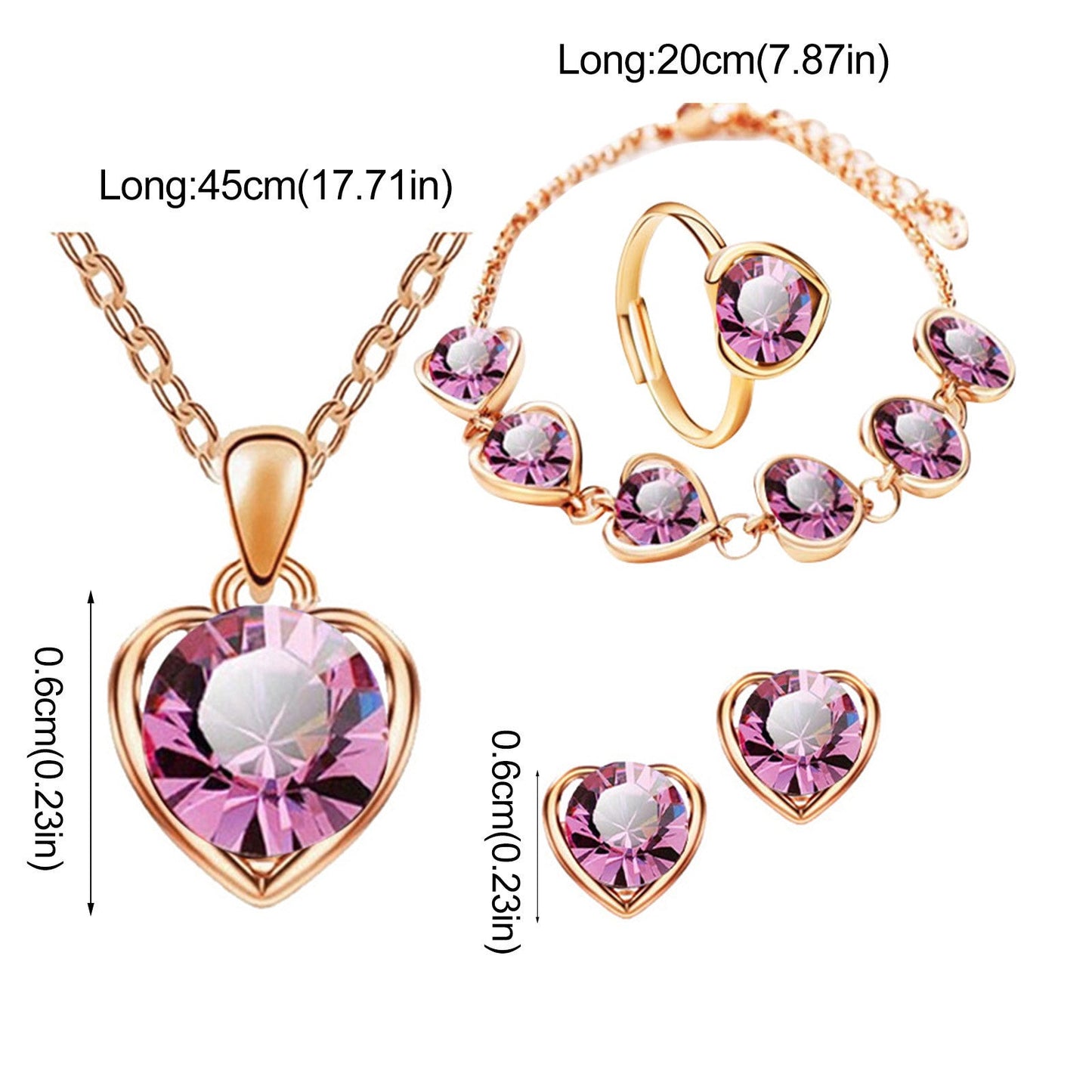 Crystal Heart Necklace Earrings Ring Bracelet Set for Women