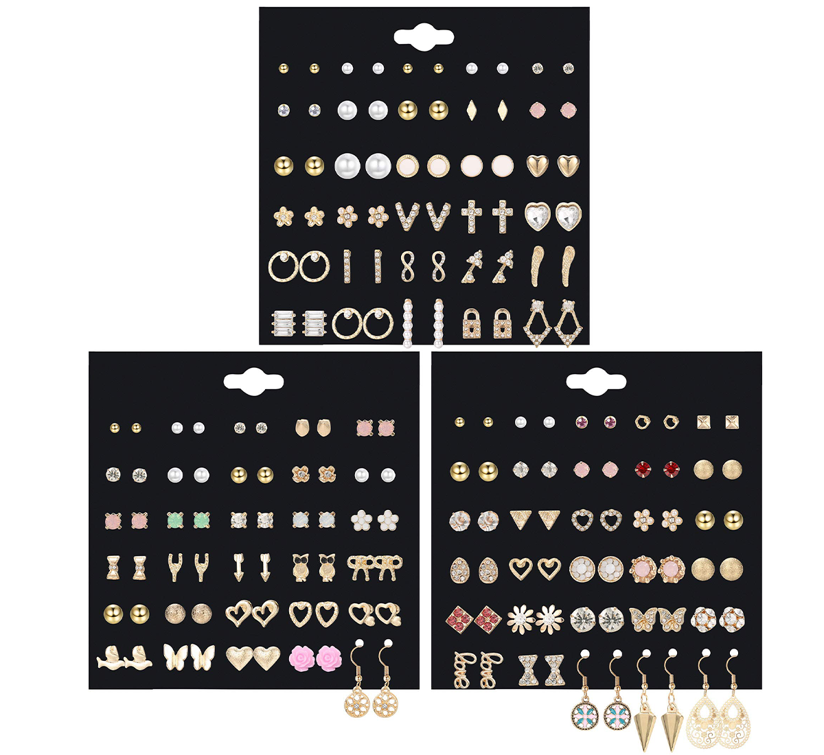 90 Pairs Assorted Multiple Small Stud Cute Bar Geometric Arrow Bow CZ Ball Faux Pearl Earrings Set