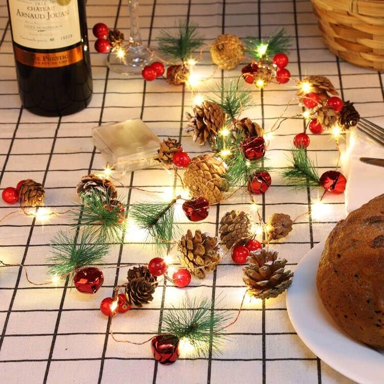 Christmas Garland with Lights,Red Berry Pine 10 Ft 30 LED Pine Cone,led Garland String  for Home Fireplace Mantel Xmas