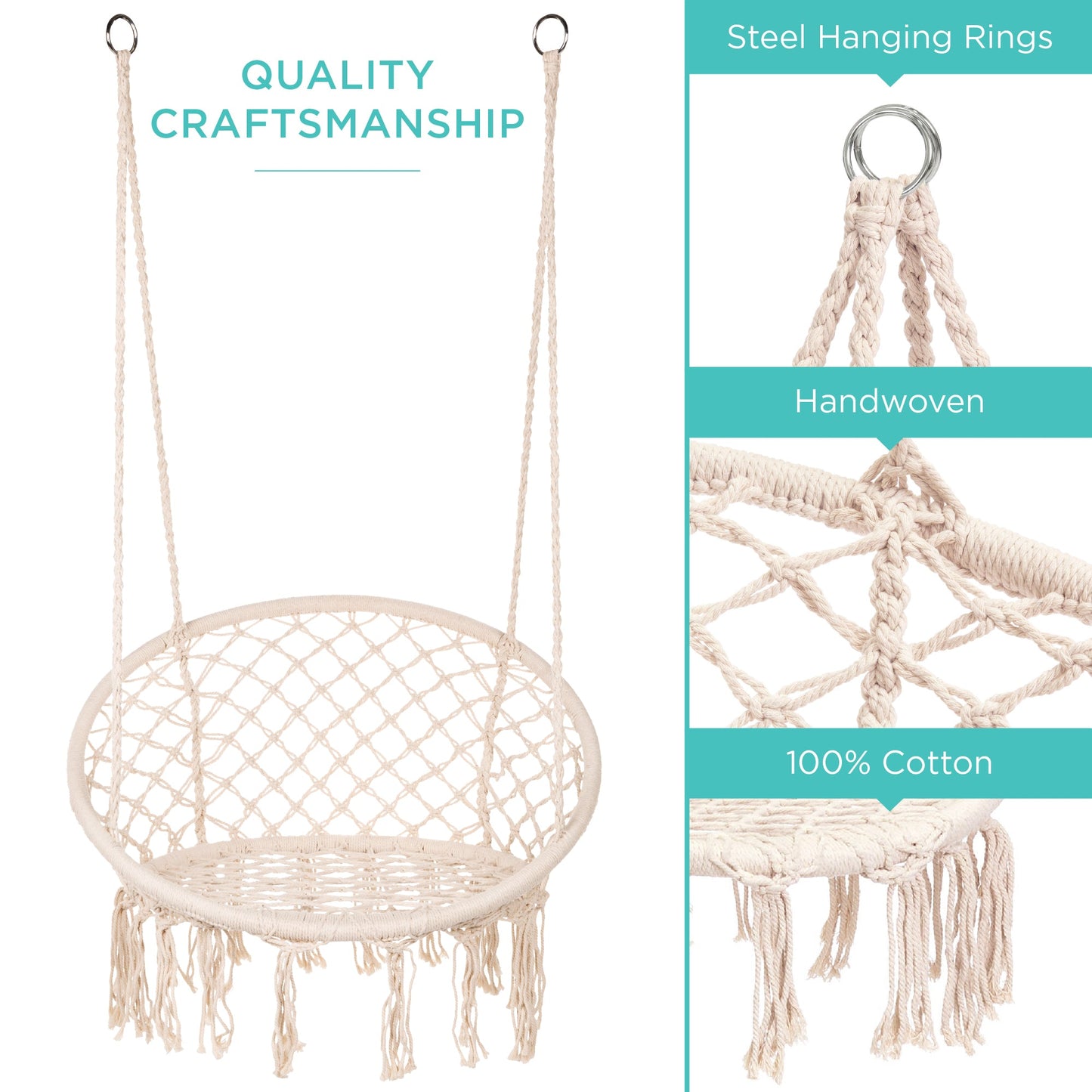 Handwoven Cotton Macrame Hammock Hanging Chair w/ Backrest