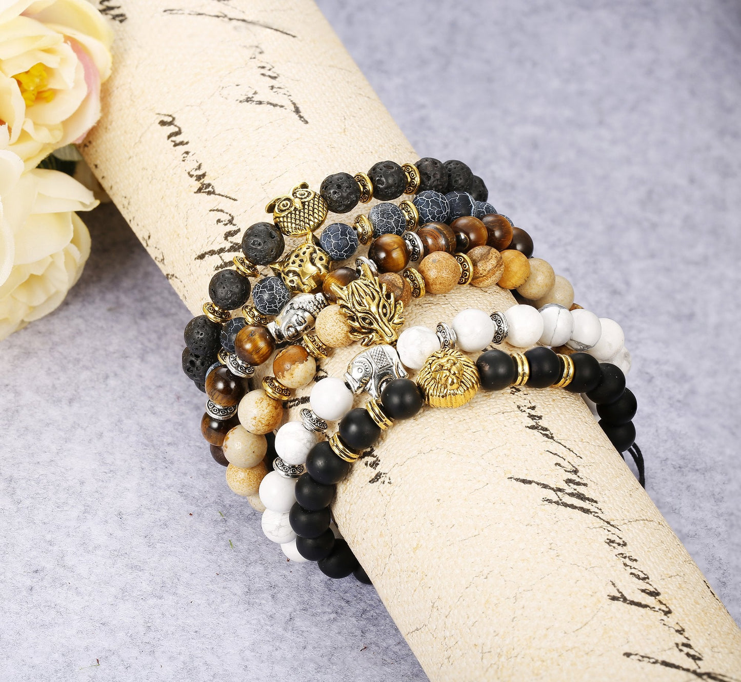 6PCS Mens 8mm Bead Bracelets Set Natural Stone