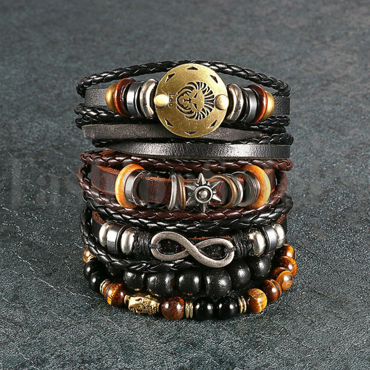 6pcs Black Brown Tribal Leather Beaded Cuff Wristband Bracelet for Men Women Set