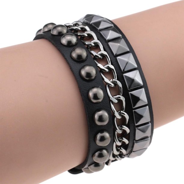 Goth Punk Bracelet Leather Spike Stud Wristband Multilayer Chain Rivets Bracelet