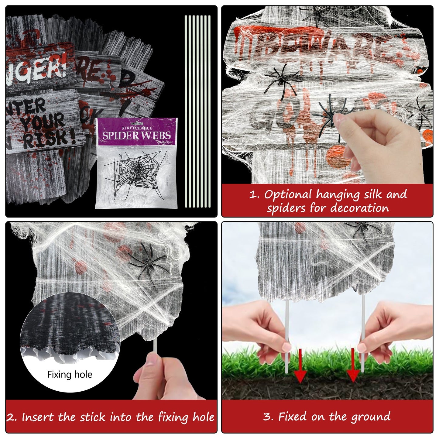 Halloween  Outdoor Yard Signs Stakes w/ 20g Cobwebs & 18 Pcs Small Spider