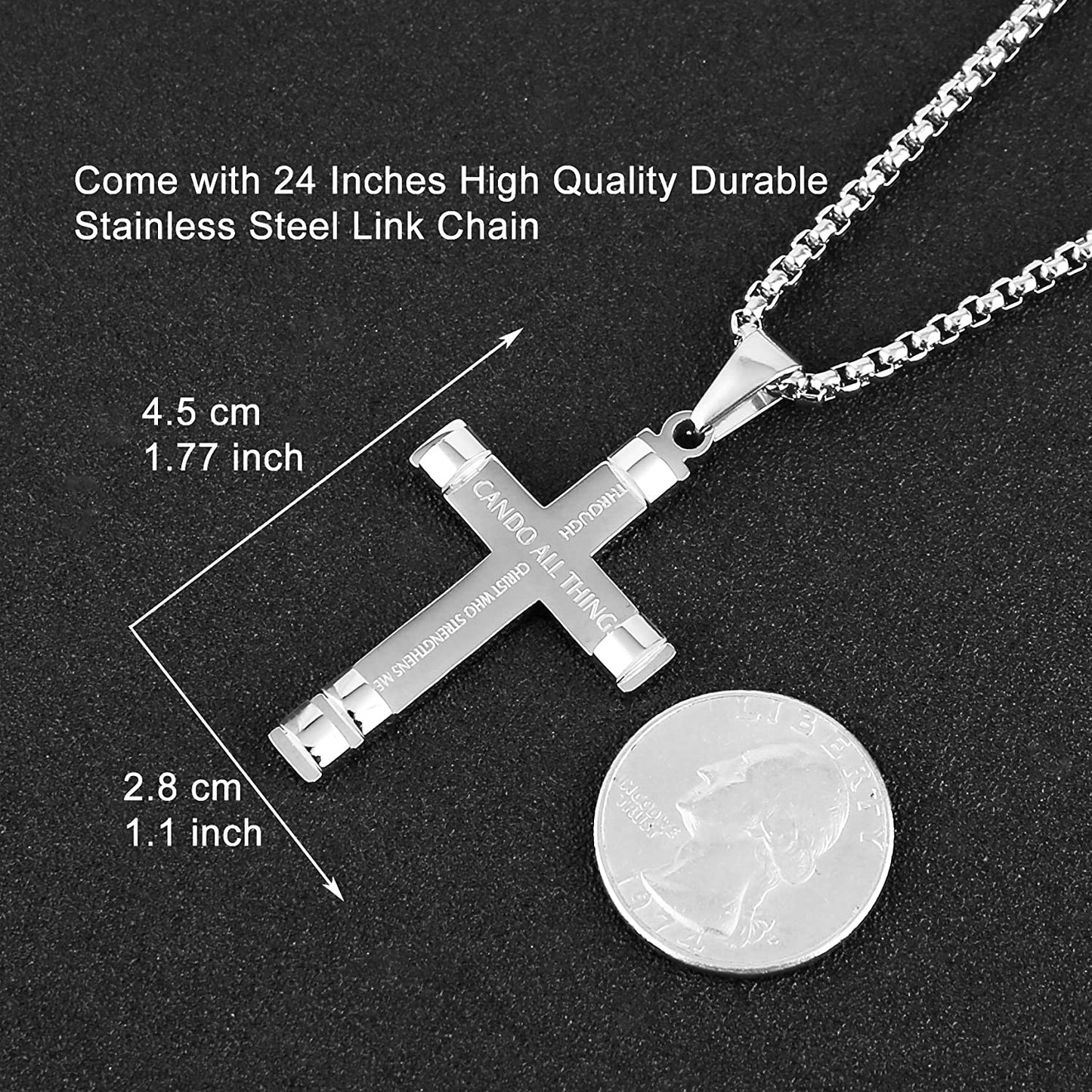 Philippians 4:13 Cross Pendant STRENGTH Bible Verse Stainless Steel Necklace Silver