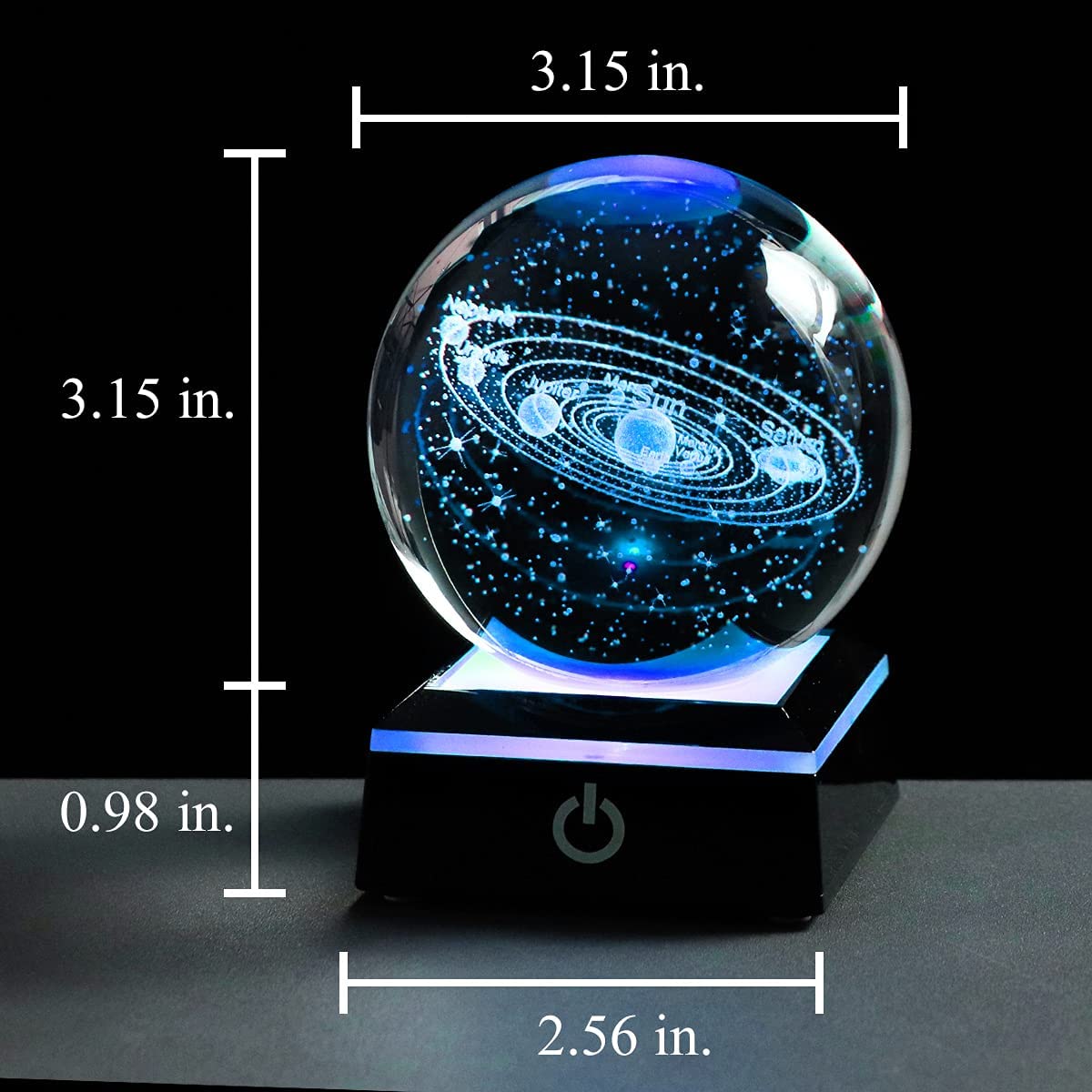 3D Solar System Crystal Ball with LED Colorful Lighting Touch Black Base, Science Astronomy