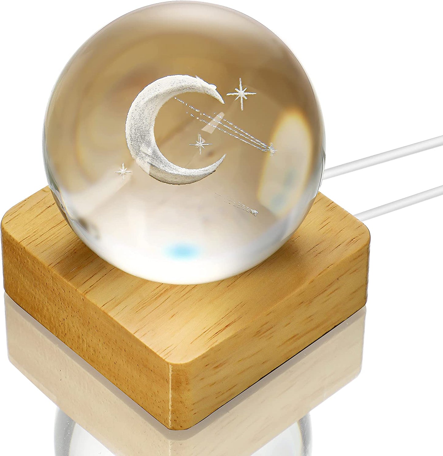 60mm Crystal Ball w/ Stand 3D Glass Laser Engraved Moon Sphere Paperweights w/ LED