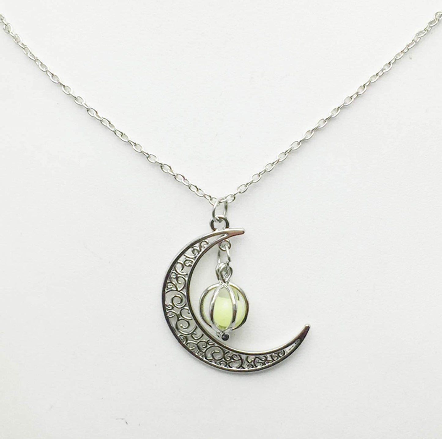 Glow in The Dark Silver Crescent Moon and Orb Necklace - Charm (sky blue)