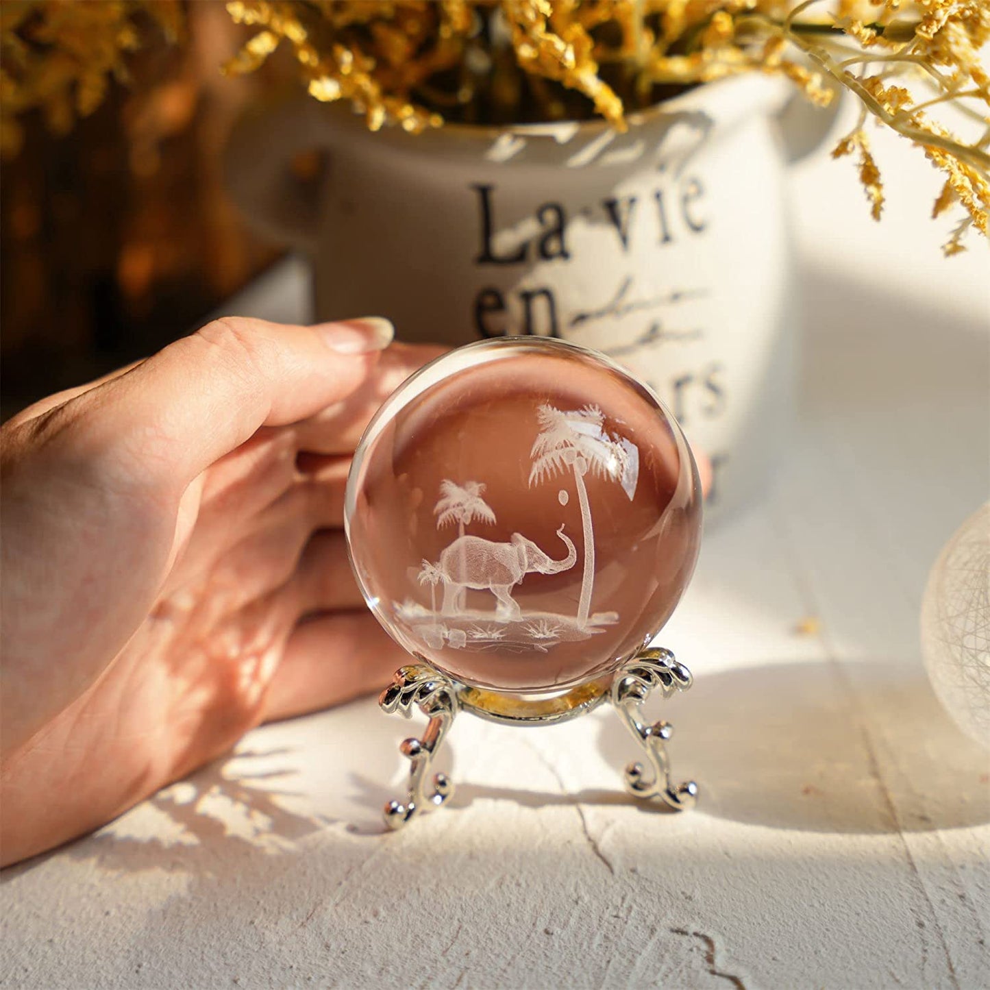 Tropical Elephant Crystal Ball Paperweight w/ Stand 60mm 3D Laser Engraved (Clear) Elephant-2