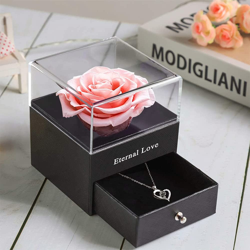 Preserved Real Rose w/ Heart Necklace I Love You in 100 Languages Gift Set, Pink Rose