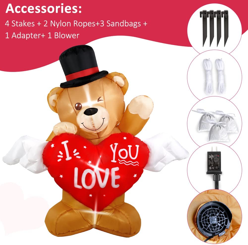 4 FT Valentines Day Inflatable Teddy Bear Outdoor Decoration w/ Love Heart, LED Light