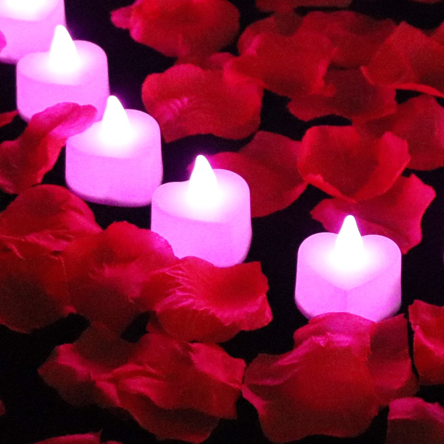 1000 PCS Artificial Rose Petals with 24 Pcs Heart Shaped LED Candles Flameless, Pink