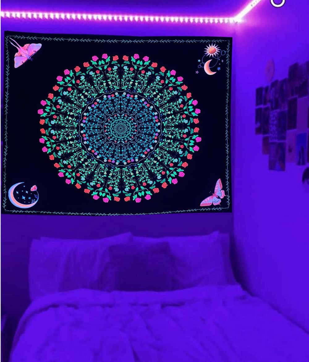 Valentines Day Gift Tapestry Glow in the Dark Pink Roses, Aesthetic Mandala Flower 48"x36"