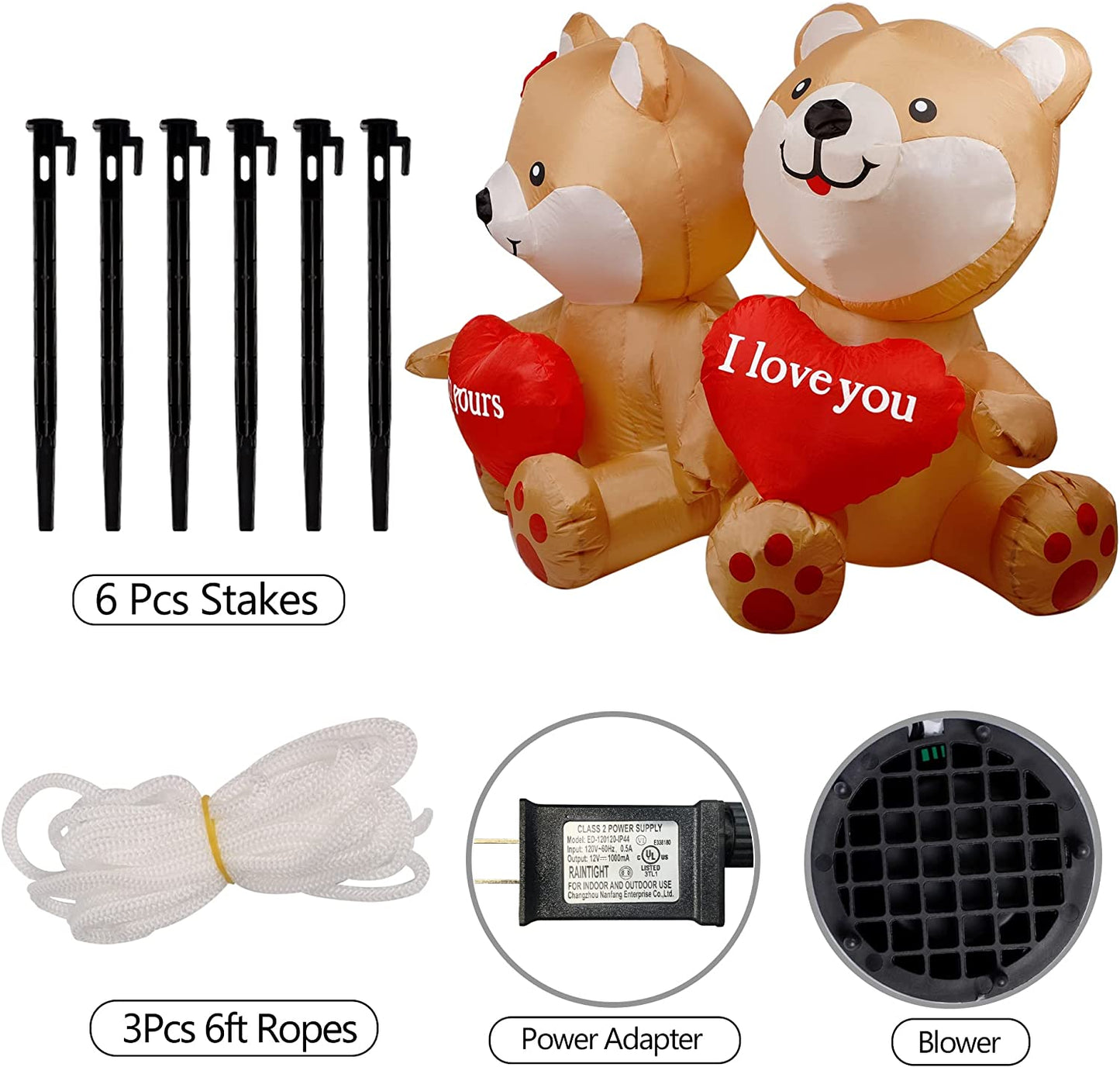 4 FT Valentine's Day Inflatable Bear w/ Heart & LED Lights, Romantic I Love You Decor