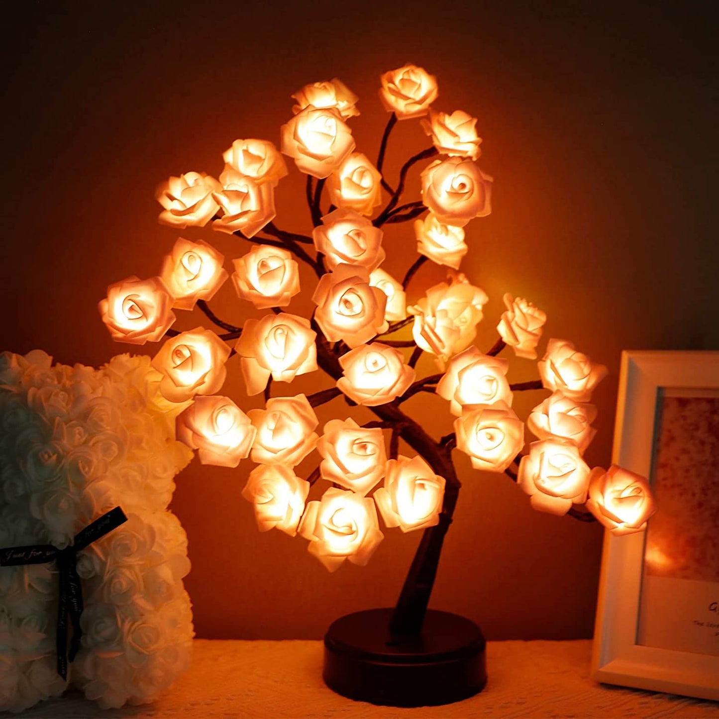 Rose Lamp Gift Mothers Day Decor, 36LED Pink Rose Tree USB/Battery