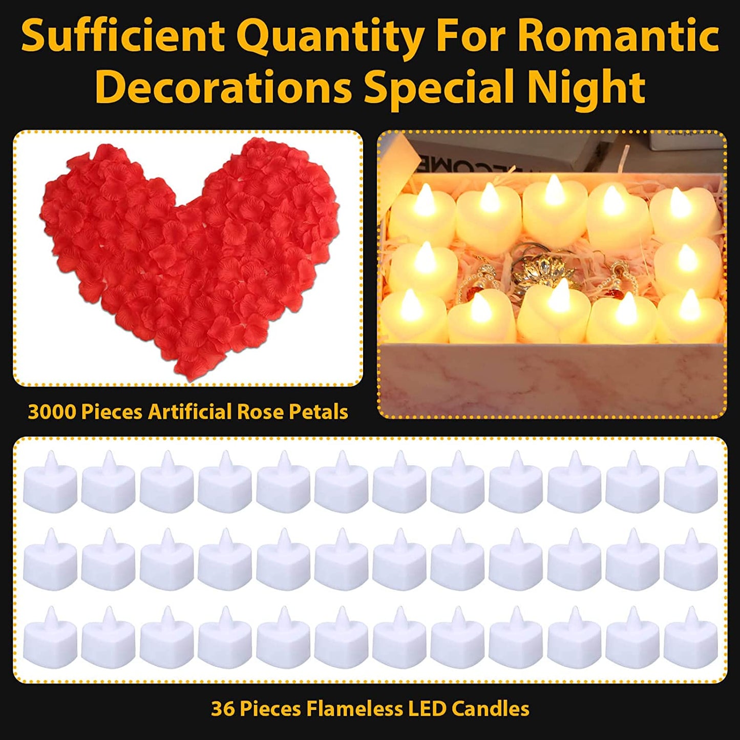 3000Pcs Rose Petals with 36Pcs LED Tea Lights Candles, Valentine's Day