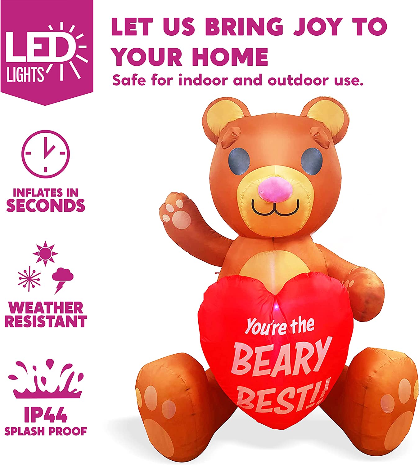 6 FT Valentines Day Inflatable Teddy Bear Holding Heart, Lighted LED