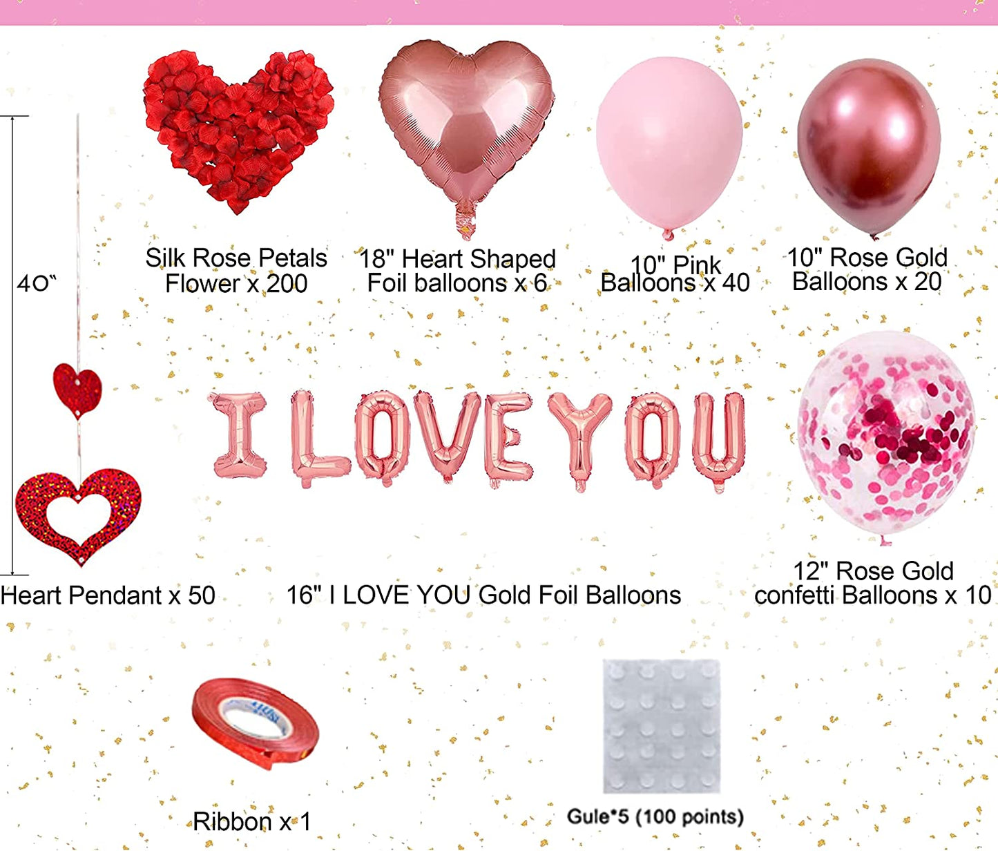 Valentines Day Balloons Kit with Rose Gold Pink Heart Balloons Rose Petals