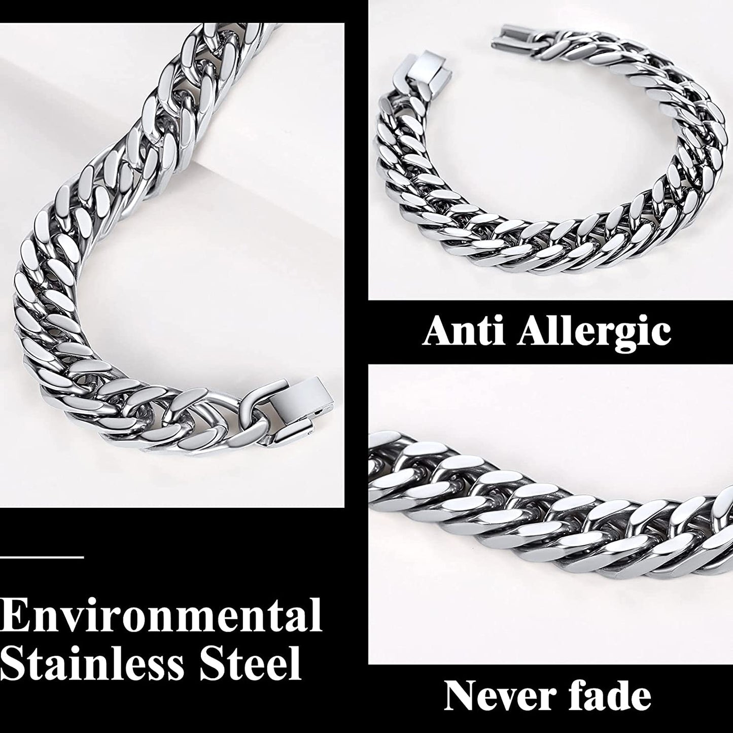 Stainless Steel/Gold/Black Plated Link Chain Bracelet for Men, 0-4 Steel 12mm Width