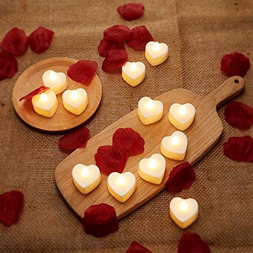 12 Pieces Heart Shape LED Tealight Candles w/ 200 Pieces Silk Rose Petals (Yellow Light, Dark Red Petal)