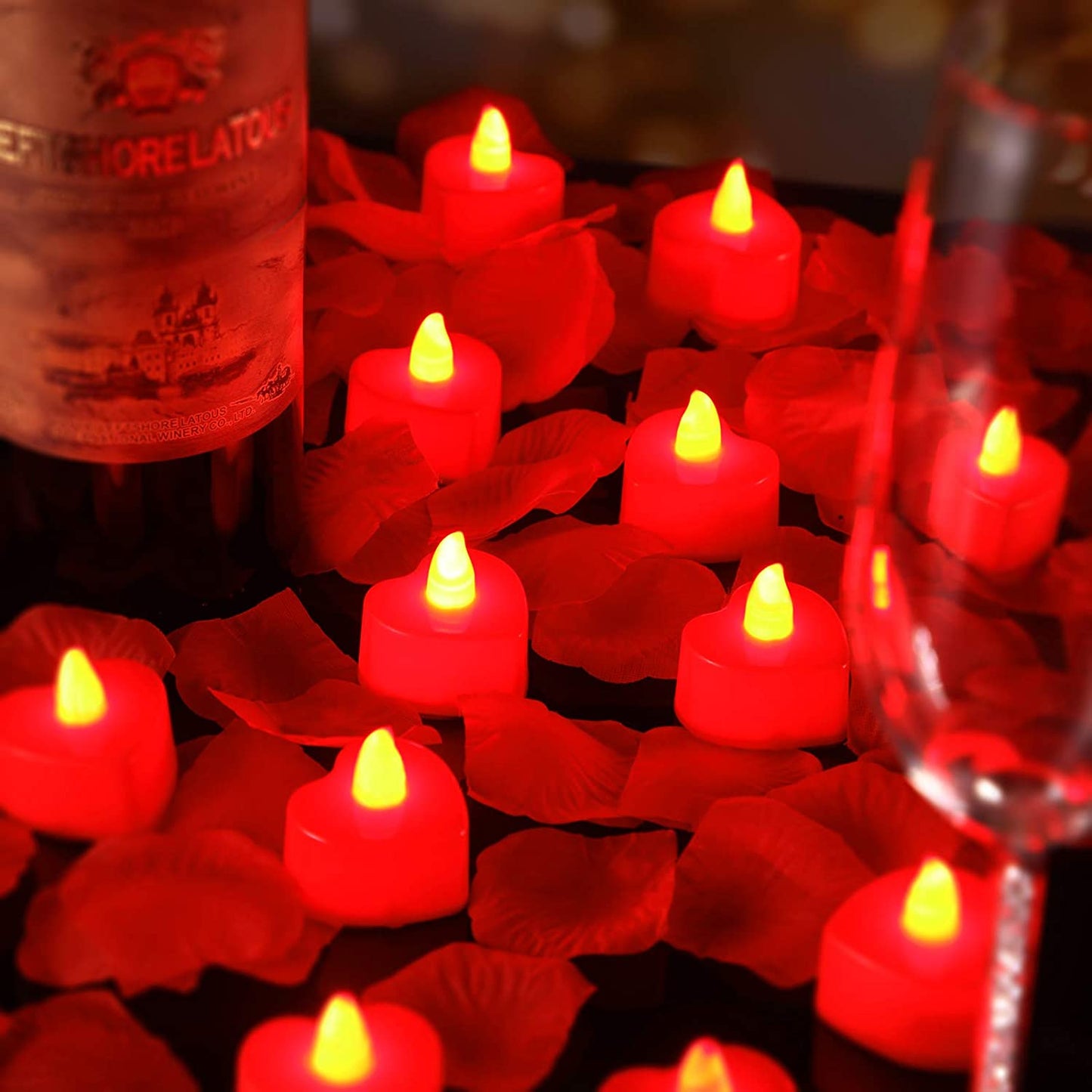 12 Pieces Heart Shape LED Tealight Candles w/ 200 Pieces Silk Rose Petals (Red Light, Red Petall)