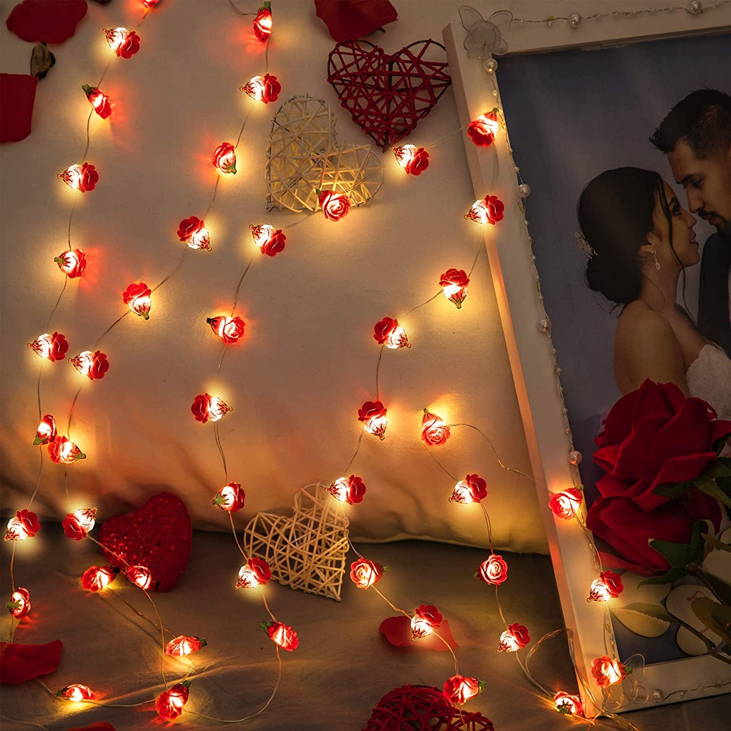 Fairy Romantic Red Rose String Lights, 30 LED 10 Ft Valentine's Day Flowers Lights w/ Timer