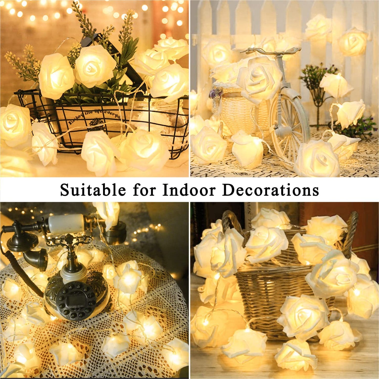 Valentines Day Rose Lights, 16.4ft 30 LED Flower String Lights with 8 Modes, Warm White