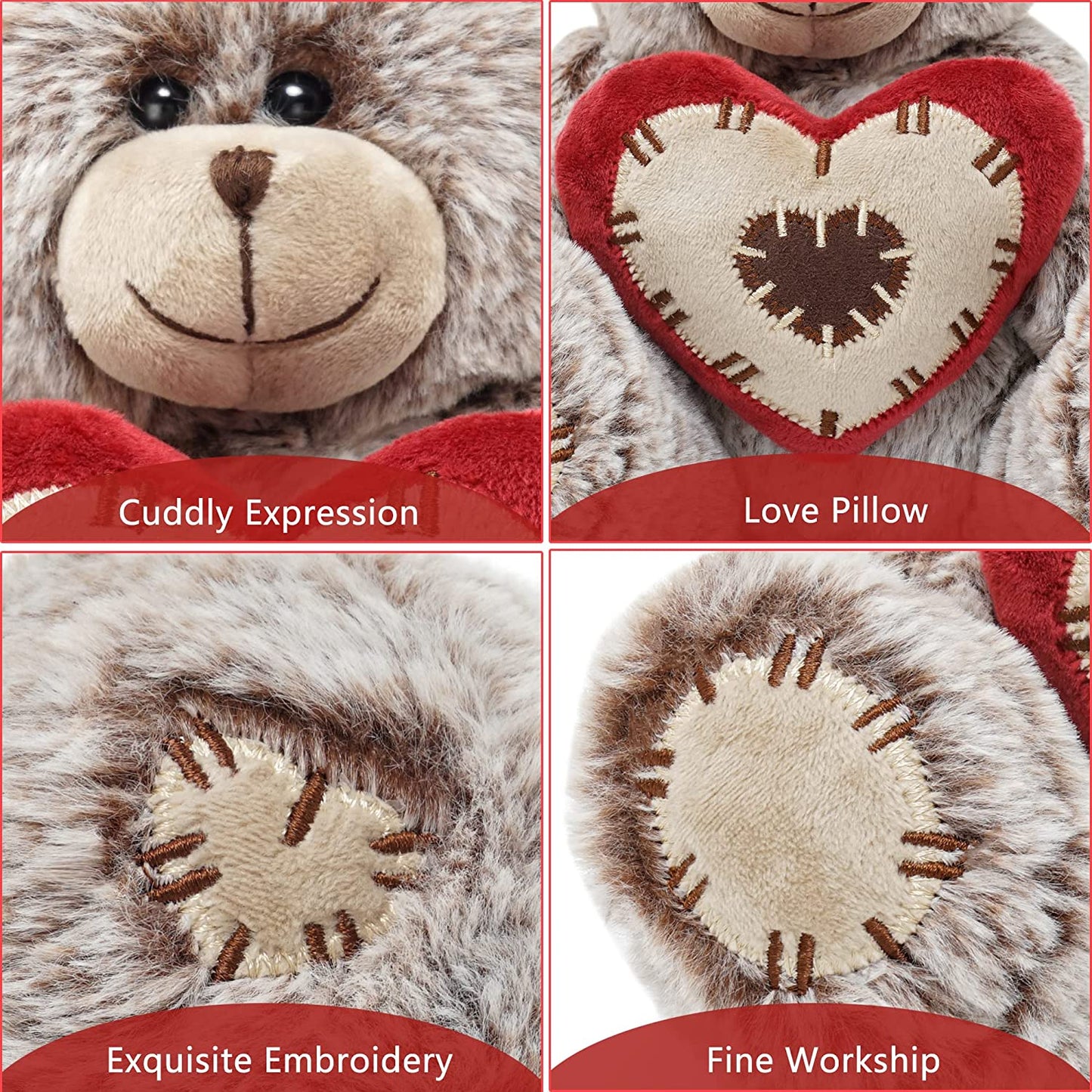 Valentines Day Teddy Bear Stuffed Animals, 8" Plush with Red Heart Pillow for Her (Tan)