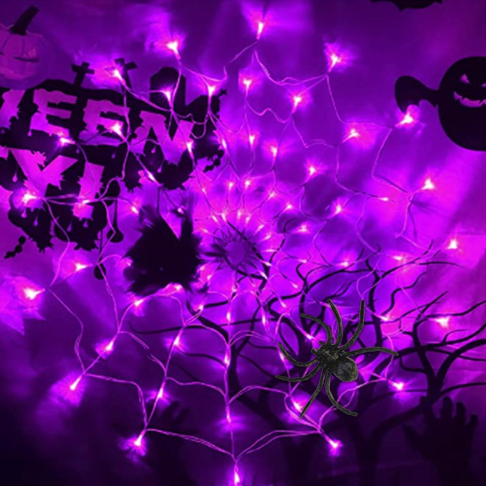 60 LED Halloween Spider Net Web String Lights w/ Black Spider