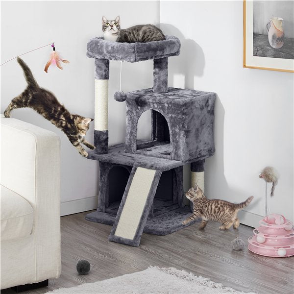 36'' H Cat Tree Tower Cat House with Double Condos Scratching Posts Sisal Rope Furry Ball for Cats and Kittens, Dark Gray