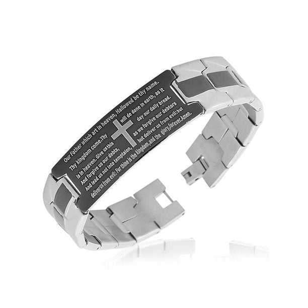 Stainless Steel Black Silver-Tone Cross English Prayer Mens Bracelet