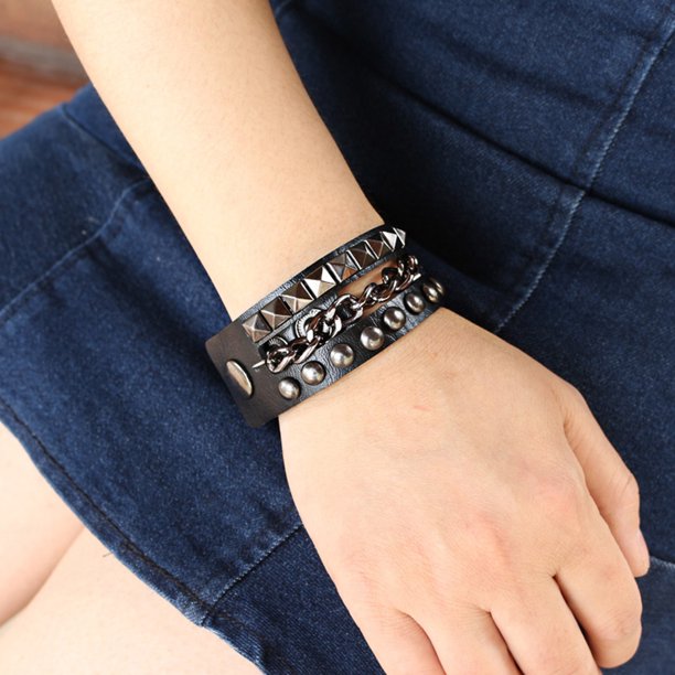 Goth Punk Bracelet Leather Spike Stud Wristband Multilayer Chain Rivets Bracelet