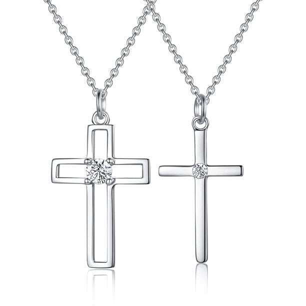 Silver Cross Pendant Necklace w/ Crystal for Couples